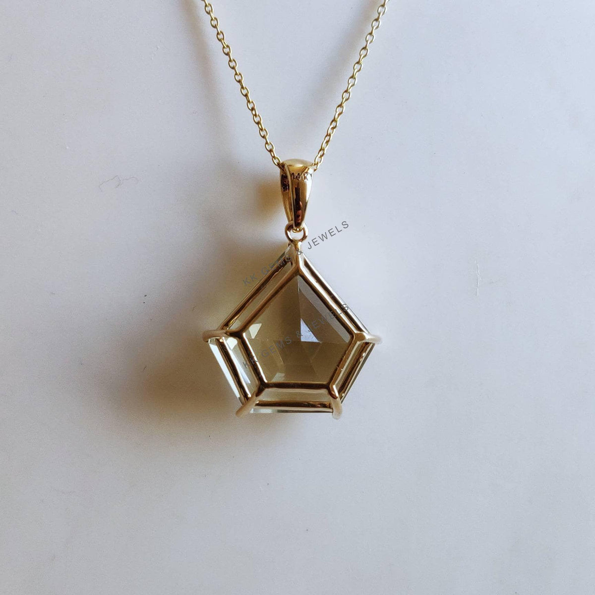 14K Solid Gold Natural Green Amethyst Pentagon Pendant, February Birthstone