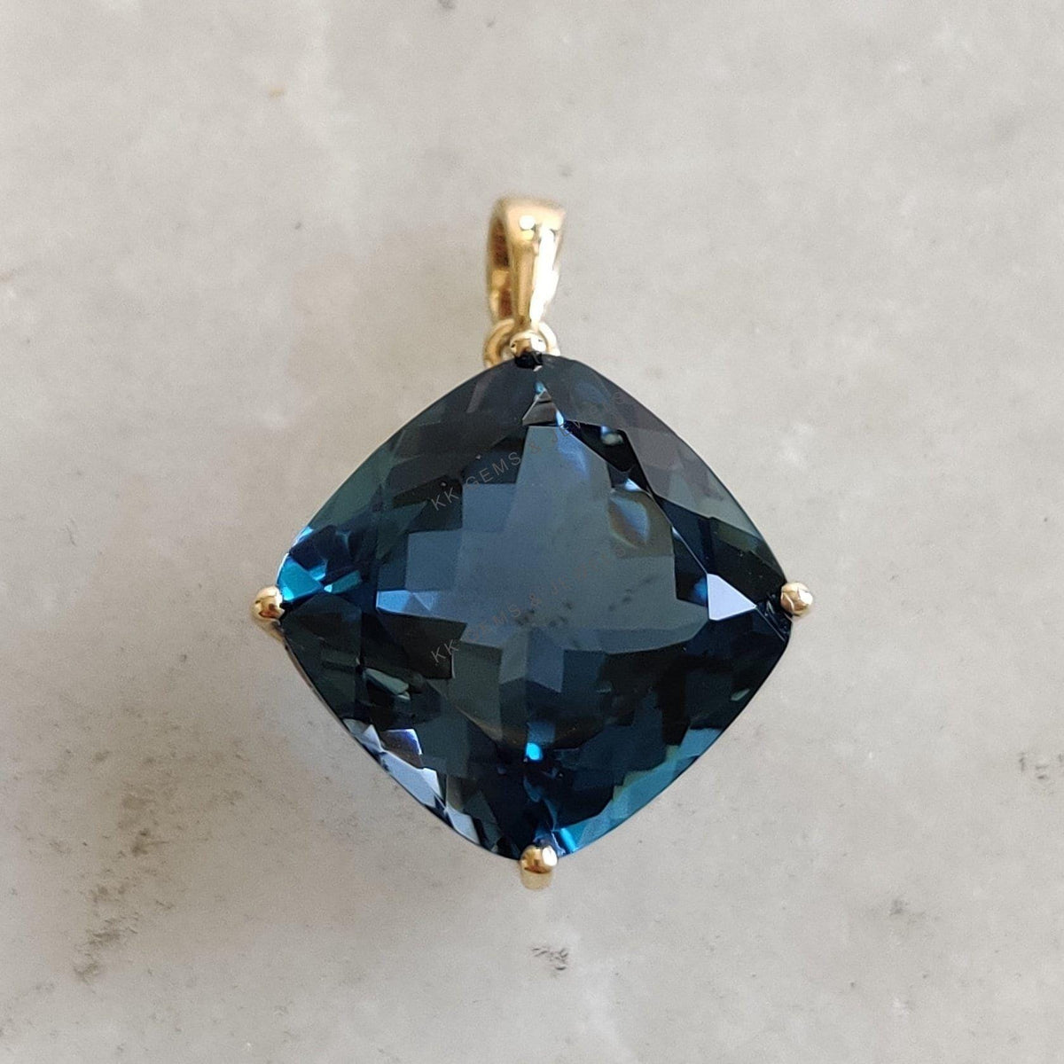 Natural London Blue Topaz Pendant, 14K Solid Yellow Gold, December Birthstone