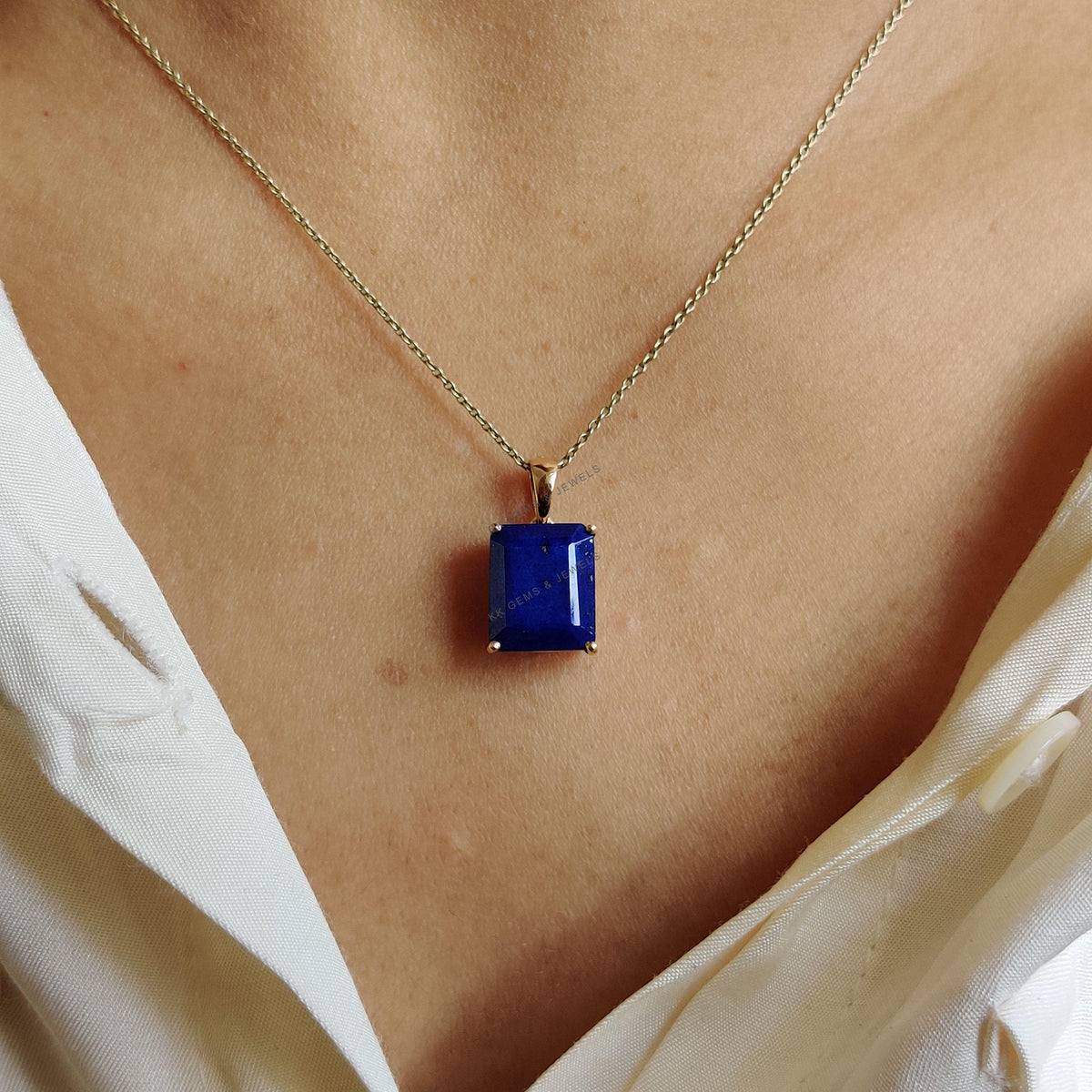 14K Solid Gold Natural Lapis Lazuli Pendant, September Birthstone Necklace