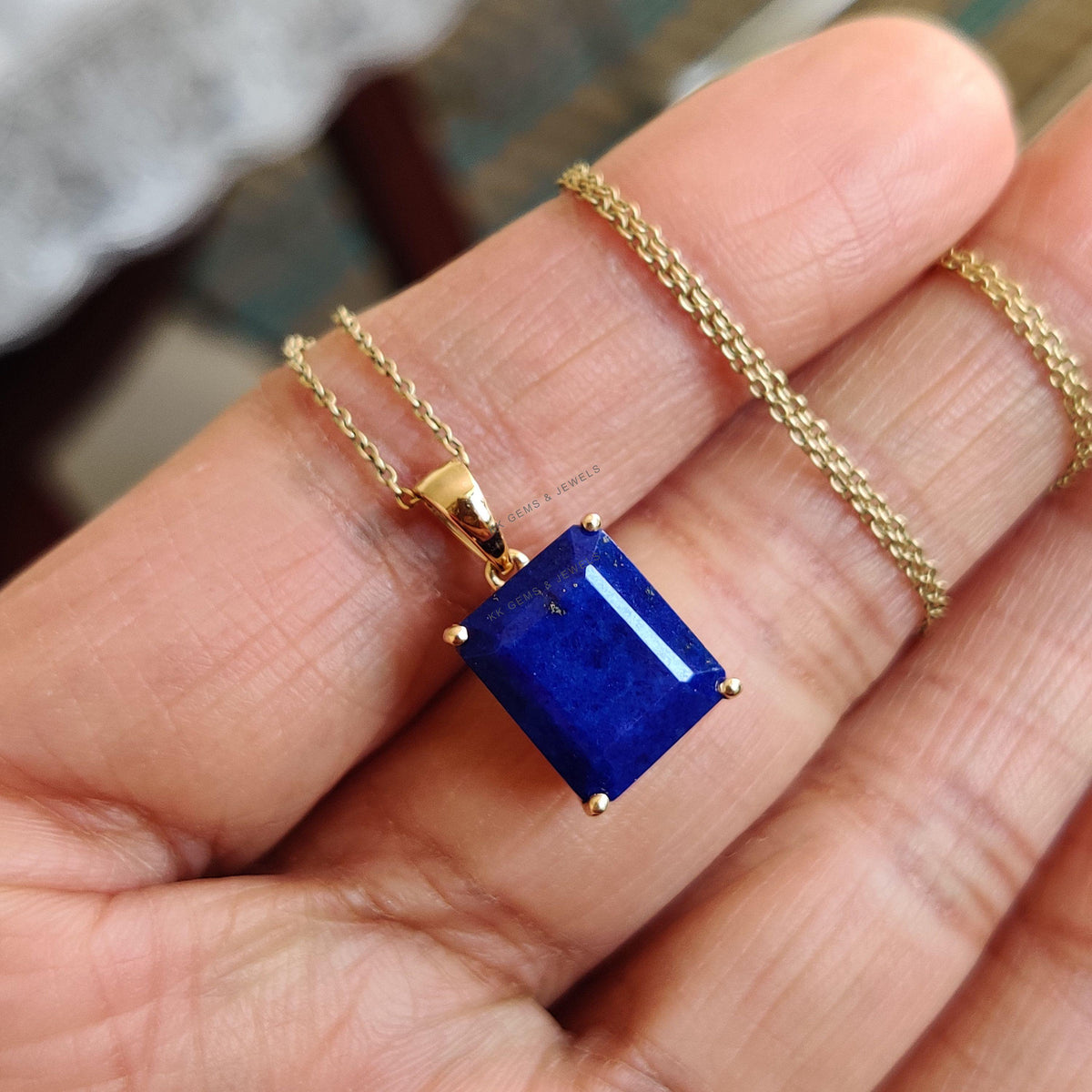 14K Solid Gold Natural Lapis Lazuli Pendant, September Birthstone Necklace