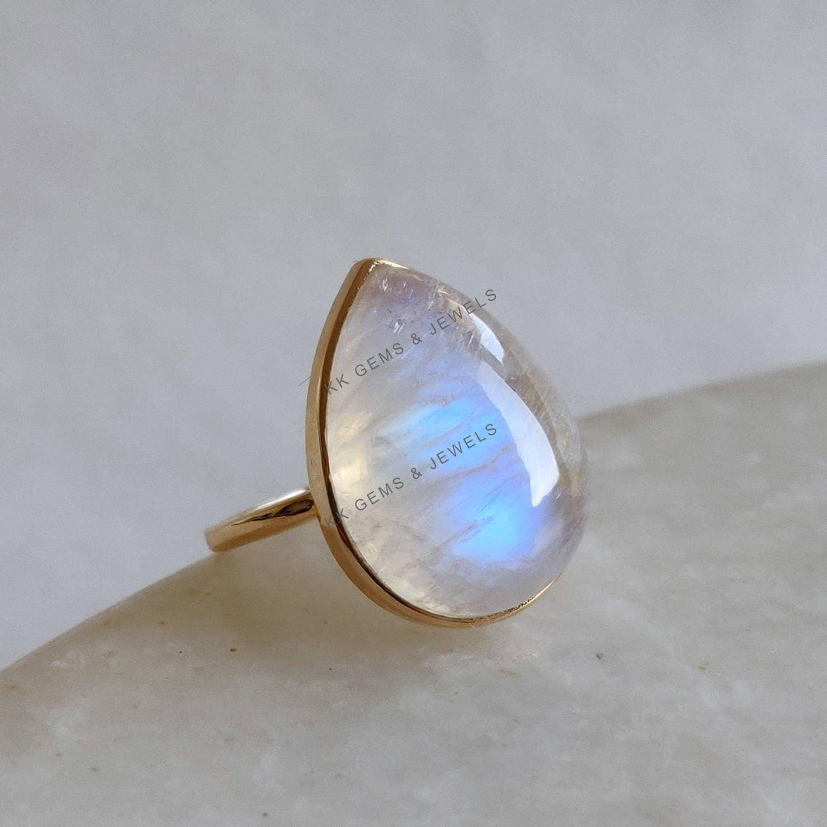 Pear Natural Rainbow Moonstone Ring, 14K Solid Gold, June Birthstone
