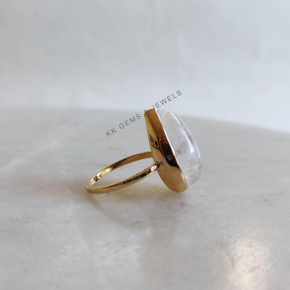Pear Natural Rainbow Moonstone Ring, 14K Solid Gold, June Birthstone