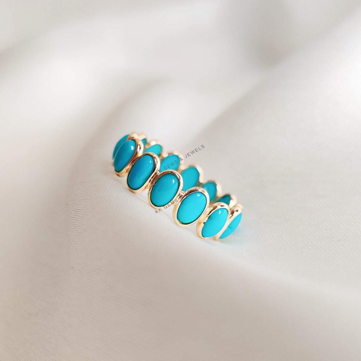 Natural Turquoise 14K Solid Gold Ring, Bezel Set Eternity Band