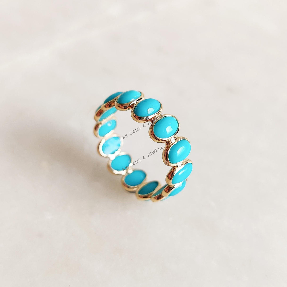 Natural Turquoise 14K Solid Gold Ring, Bezel Set Eternity Band