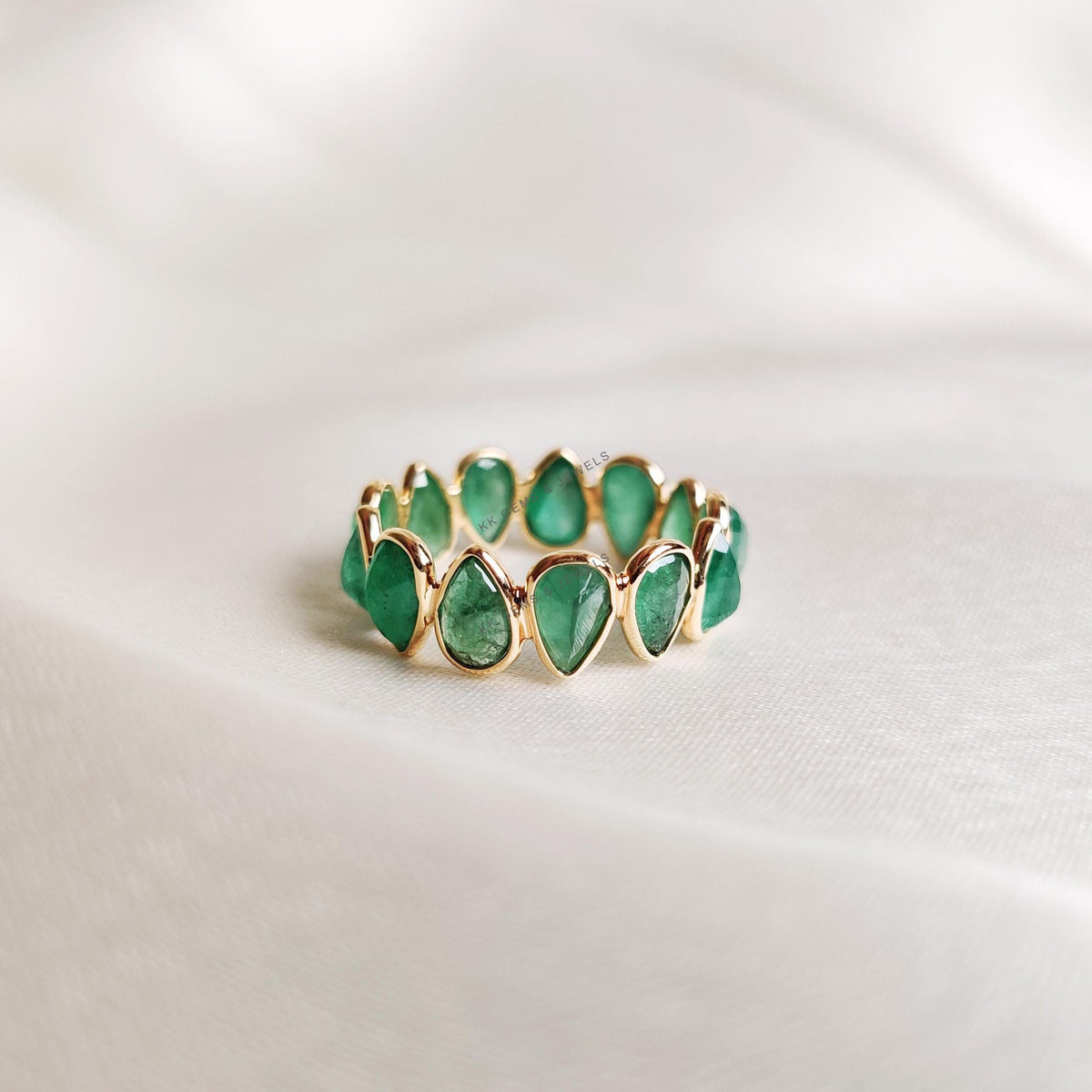 Natural Emerald Ring, 14K Solid Yellow Gold Infinity Band, May Birthstone