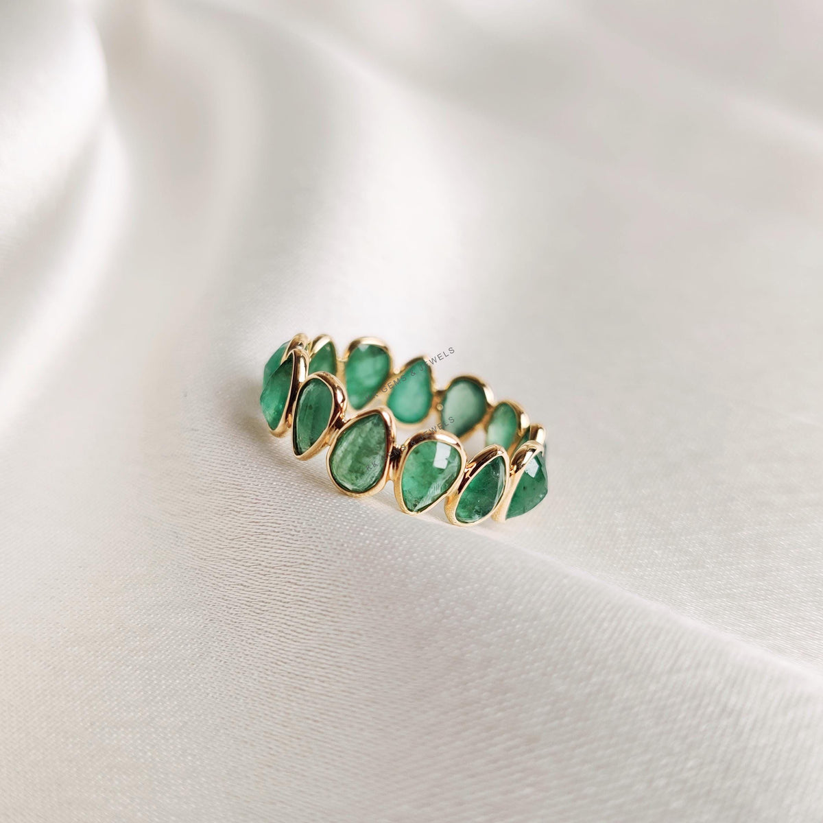 Natural Emerald Ring, 14K Solid Yellow Gold Infinity Band, May Birthstone