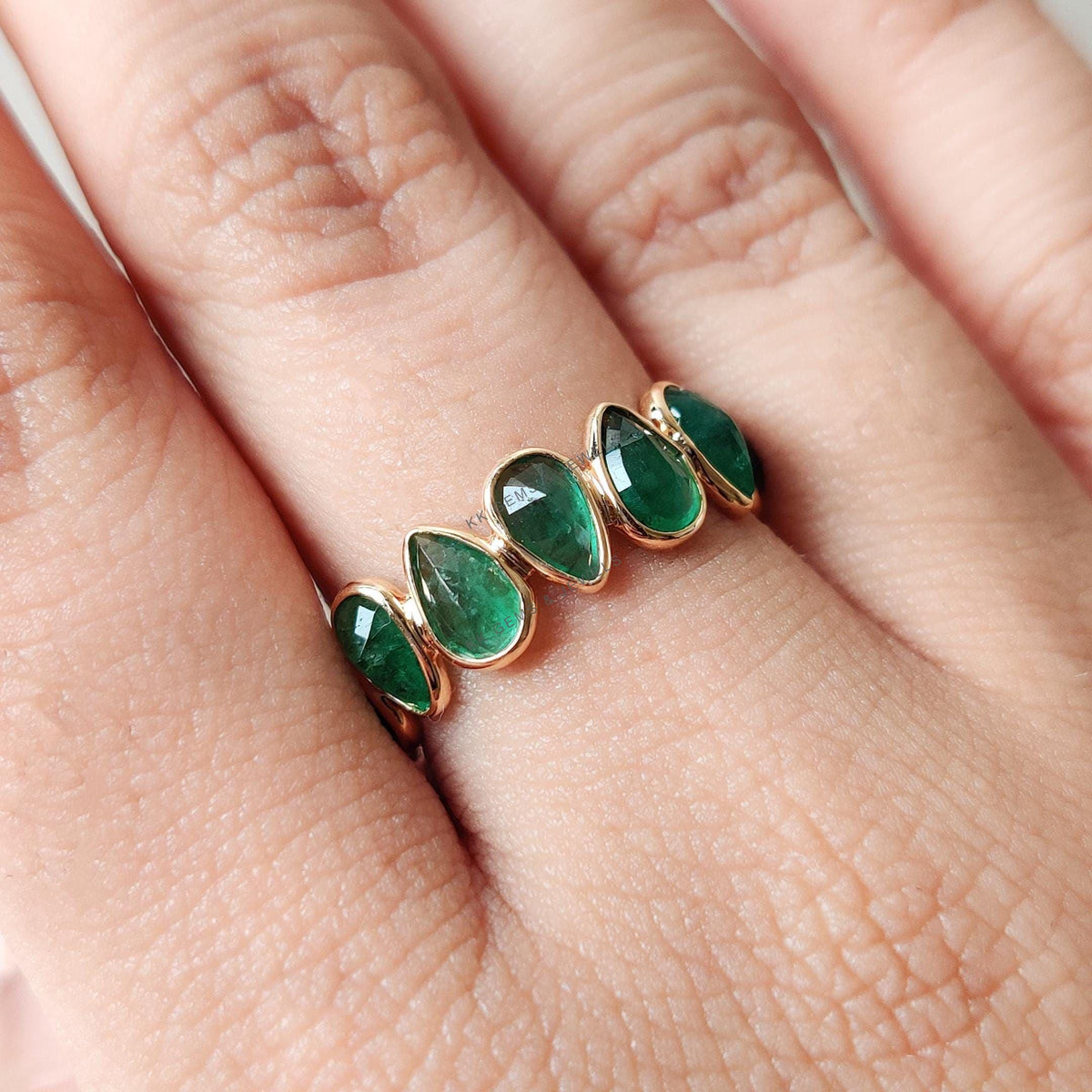 Natural Emerald Ring, 14K Solid Yellow Gold Infinity Band, May Birthstone
