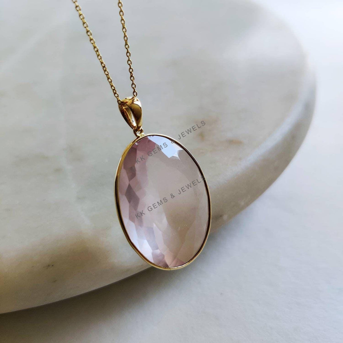 14K Solid Gold Natural Rose Quartz Pendant, January Birthstone