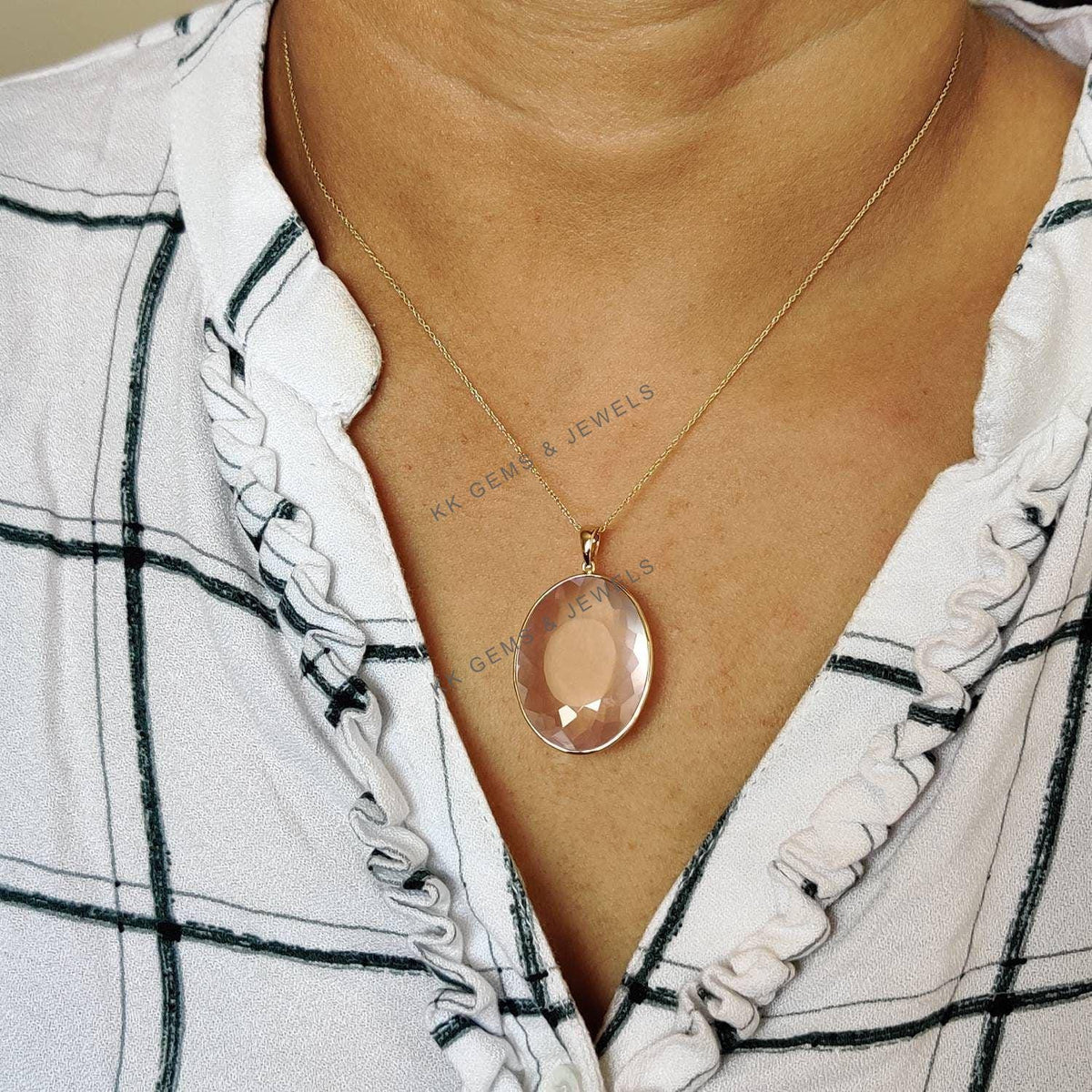 14K Solid Gold Natural Rose Quartz Pendant, January Birthstone