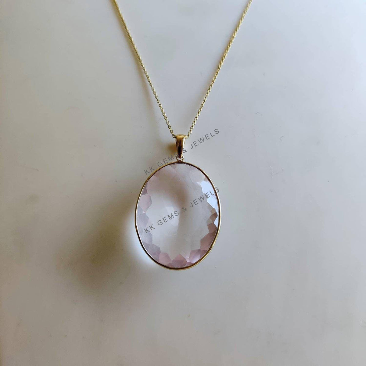 14K Solid Gold Natural Rose Quartz Pendant, January Birthstone