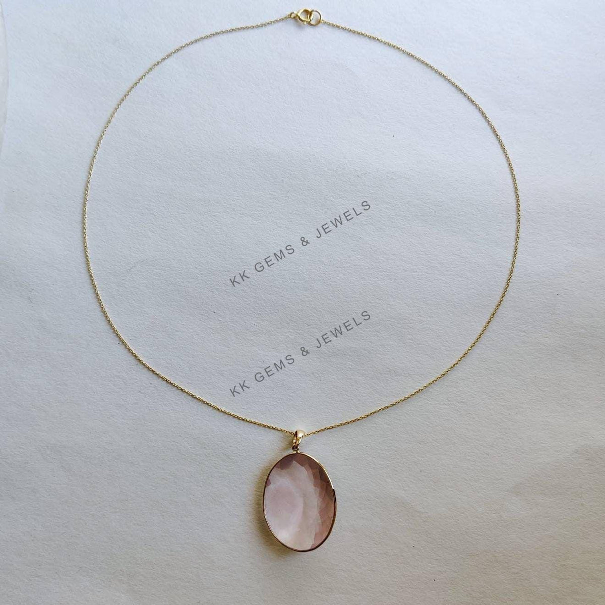 14K Solid Gold Natural Rose Quartz Pendant, January Birthstone