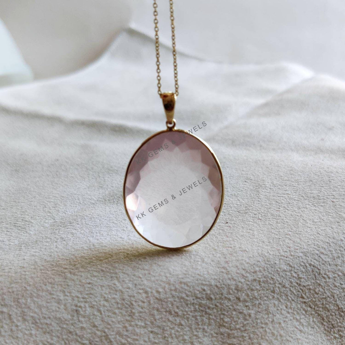 14K Solid Gold Natural Rose Quartz Pendant, January Birthstone