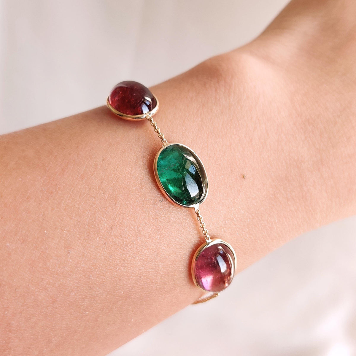 14K Solid Gold Natural Multi Tourmaline Bezel Bracelet, October Birthstone