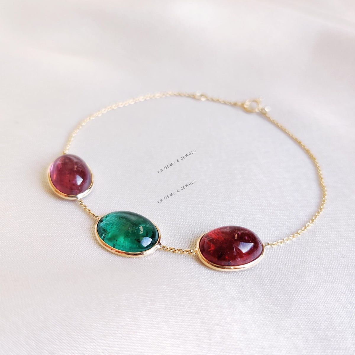 14K Solid Gold Natural Multi Tourmaline Bezel Bracelet, October Birthstone