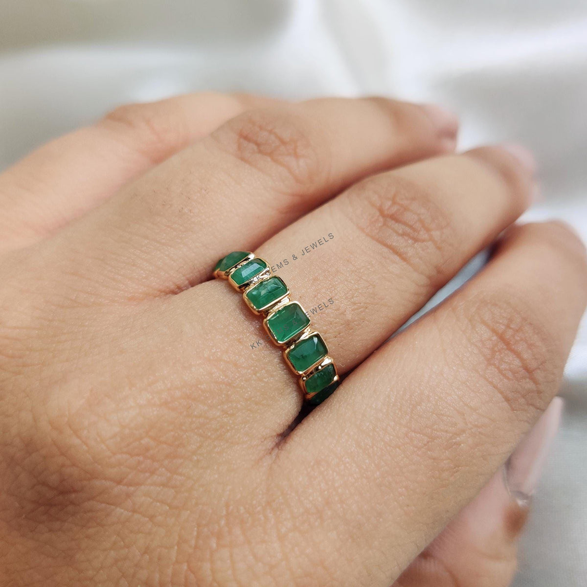 Natural Emerald Baguette Eternity Ring, 14K Solid Yellow Gold May Birthstone