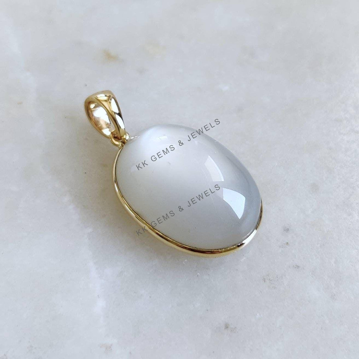 Oval Natural White Moonstone Pendant, 14K Solid Yellow Gold, June Birthstone