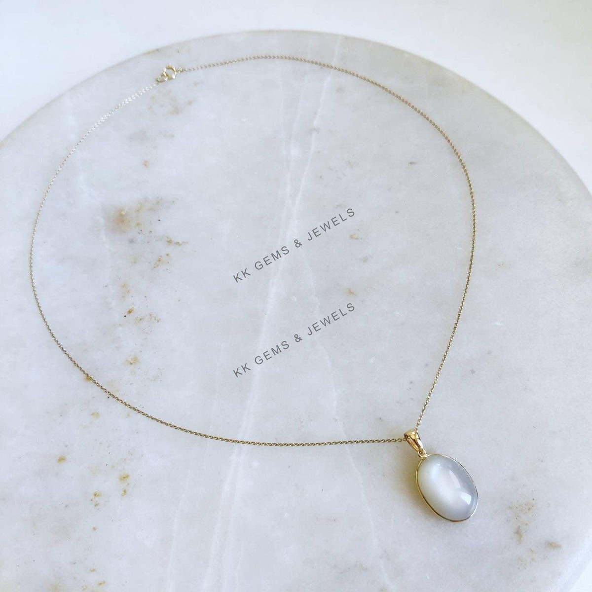 Oval Natural White Moonstone Pendant, 14K Solid Yellow Gold, June Birthstone