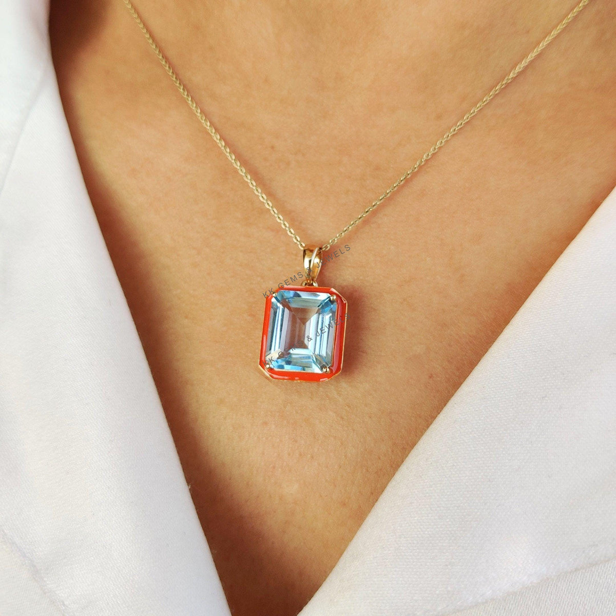 14K Solid Yellow Gold Natural Sky Blue Topaz With Orange Enamel Pendant, December Birthstone