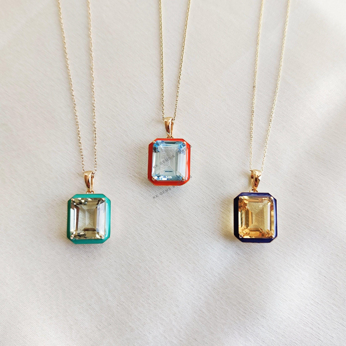 14K Solid Yellow Gold Natural Sky Blue Topaz With Orange Enamel Pendant, December Birthstone