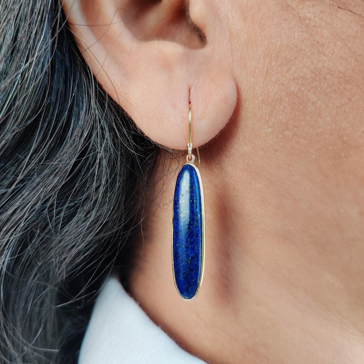 14K Solid Yellow Gold Natural Lapis Lazuli Drop Earrings, September Birthstone