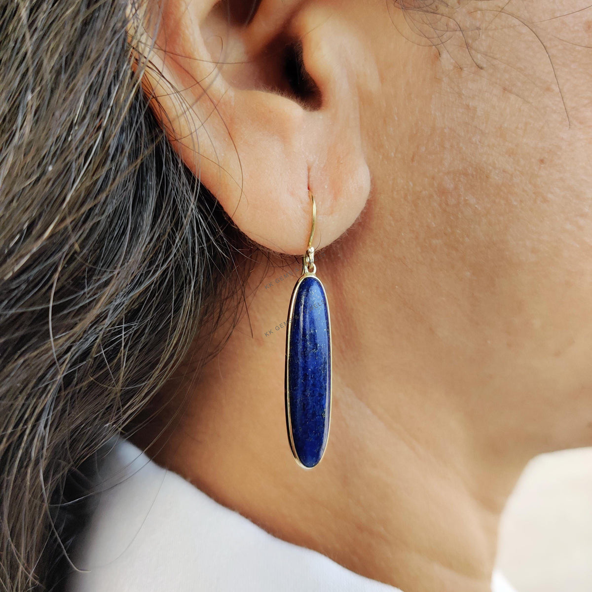 14K Solid Yellow Gold Natural Lapis Lazuli Drop Earrings, September Birthstone