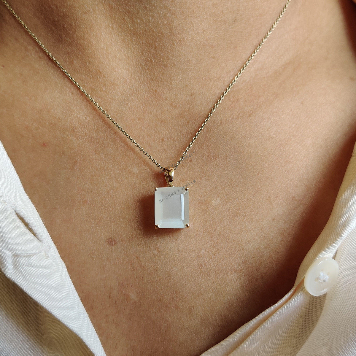 14K Solid Yellow Gold Natural White Moonstone Pendant, June Birthstone, Christmas Present