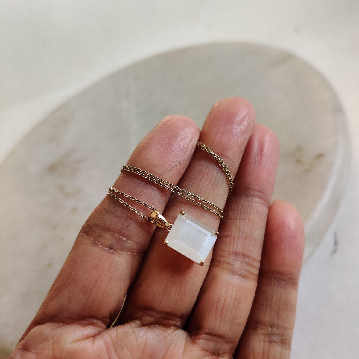 14K Solid Yellow Gold Natural White Moonstone Pendant, June Birthstone, Christmas Present