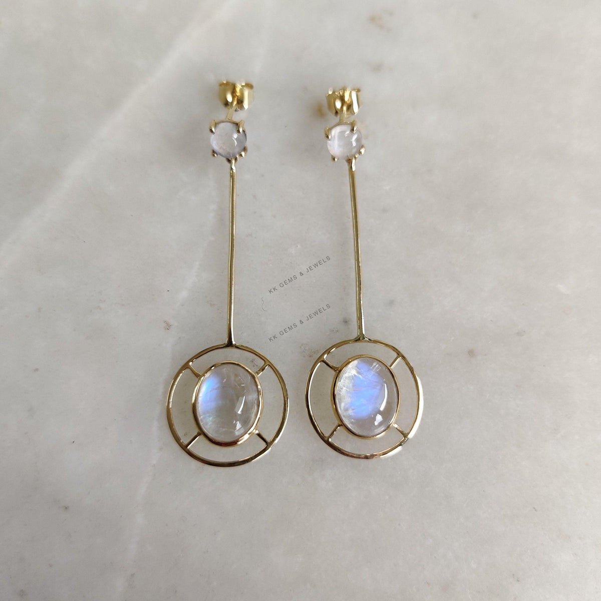 14K Solid Yellow Gold Natural Rainbow Moonstone Drop Earrings, June Birthstone