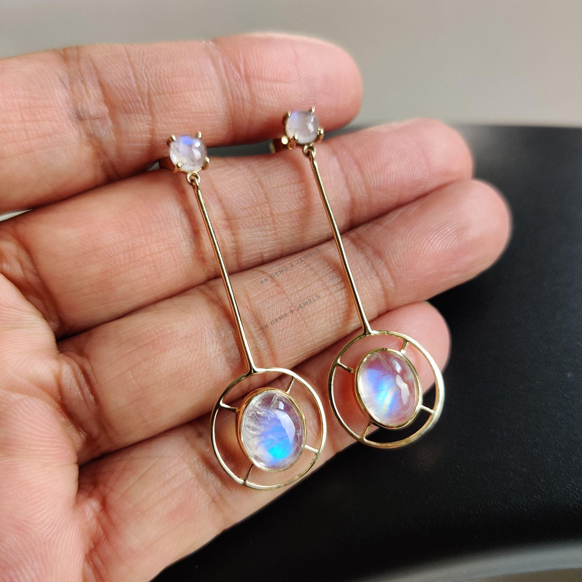 14K Solid Yellow Gold Natural Rainbow Moonstone Drop Earrings, June Birthstone