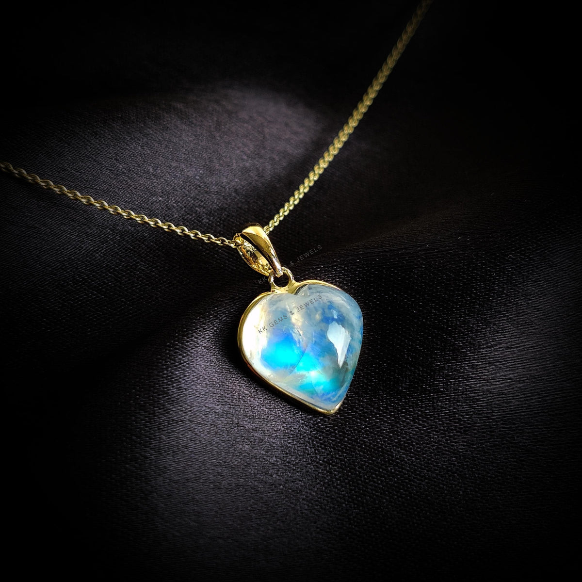 14K Solid Gold Natural Rainbow Moonstone Heart Pendant, June Birthstone