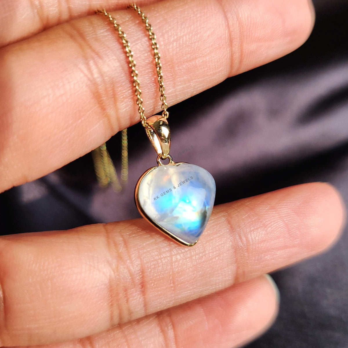 14K Solid Gold Natural Rainbow Moonstone Heart Pendant, June Birthstone