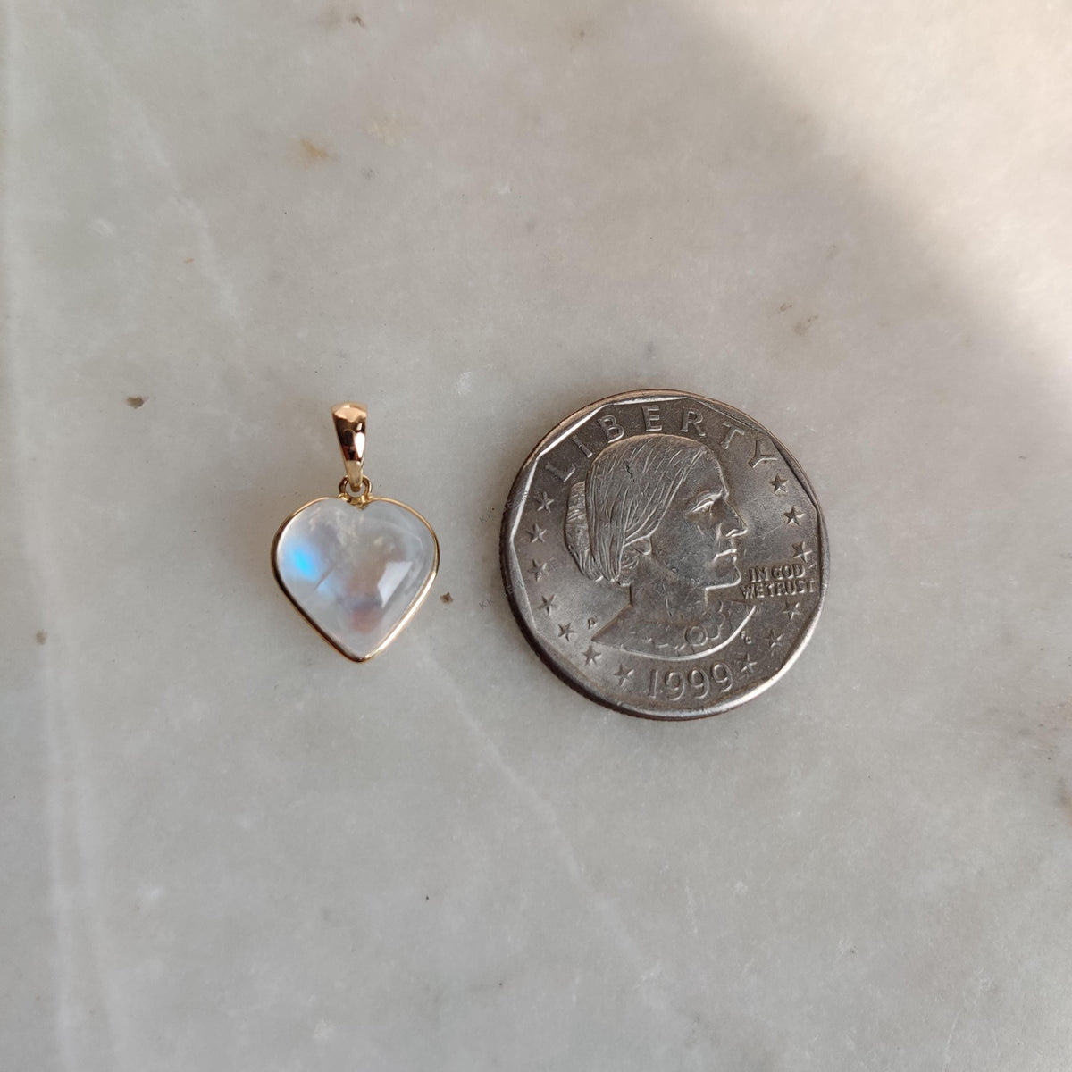 14K Solid Gold Natural Rainbow Moonstone Heart Pendant, June Birthstone