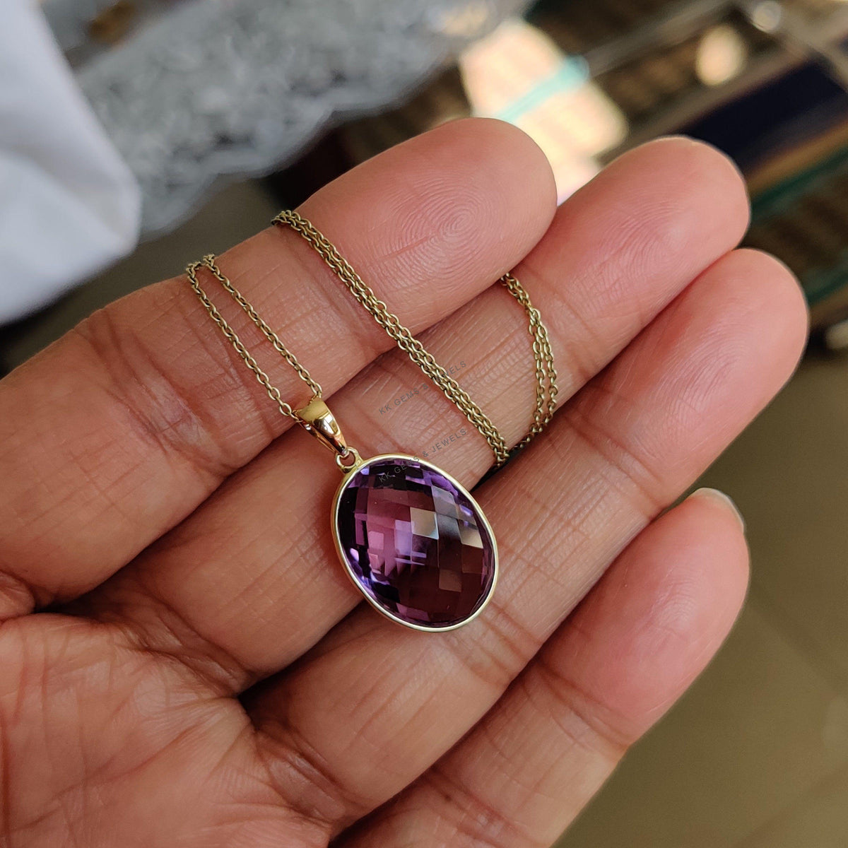 Natural Purple Amethyst Pendant, 14K Solid Yellow Gold, February Birthstone