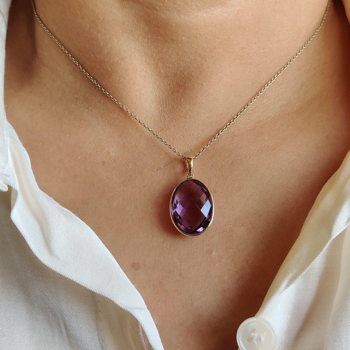 Natural Purple Amethyst Pendant, 14K Solid Yellow Gold, February Birthstone