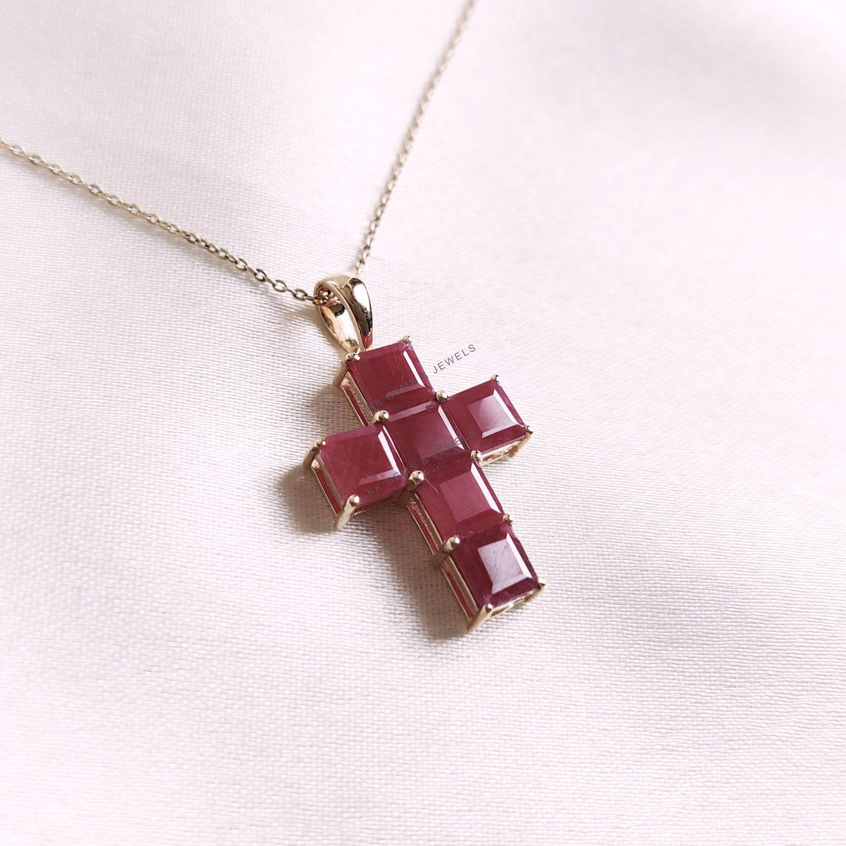 Natural Ruby Pendant, 14K Solid Yellow Gold Holy Cross Pendant, July Birthstone