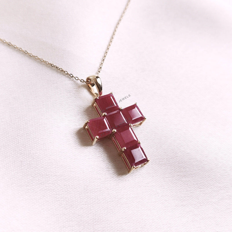 Natural Ruby Pendant, 14K Solid Yellow Gold Holy Cross Pendant, July Birthstone