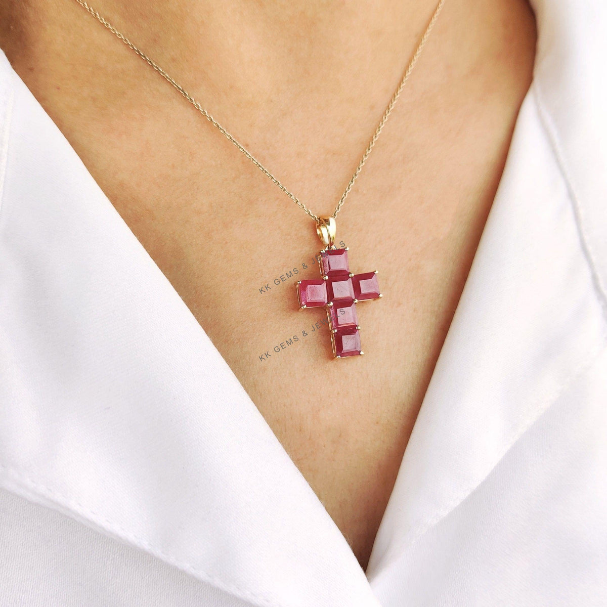 Natural Ruby Pendant, 14K Solid Yellow Gold Holy Cross Pendant, July Birthstone