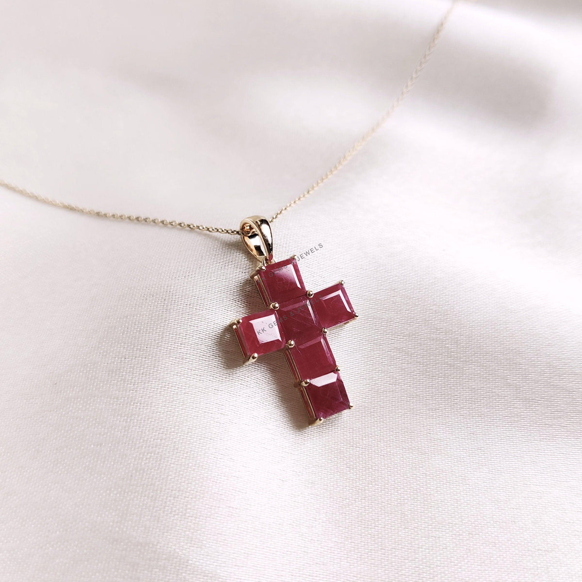 Natural Ruby Pendant, 14K Solid Yellow Gold Holy Cross Pendant, July Birthstone