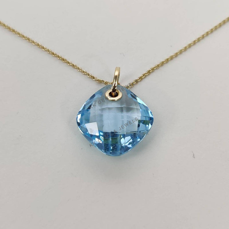 14K Solid Gold Natural Sky Blue Topaz Drill Pendant, December Birthstone