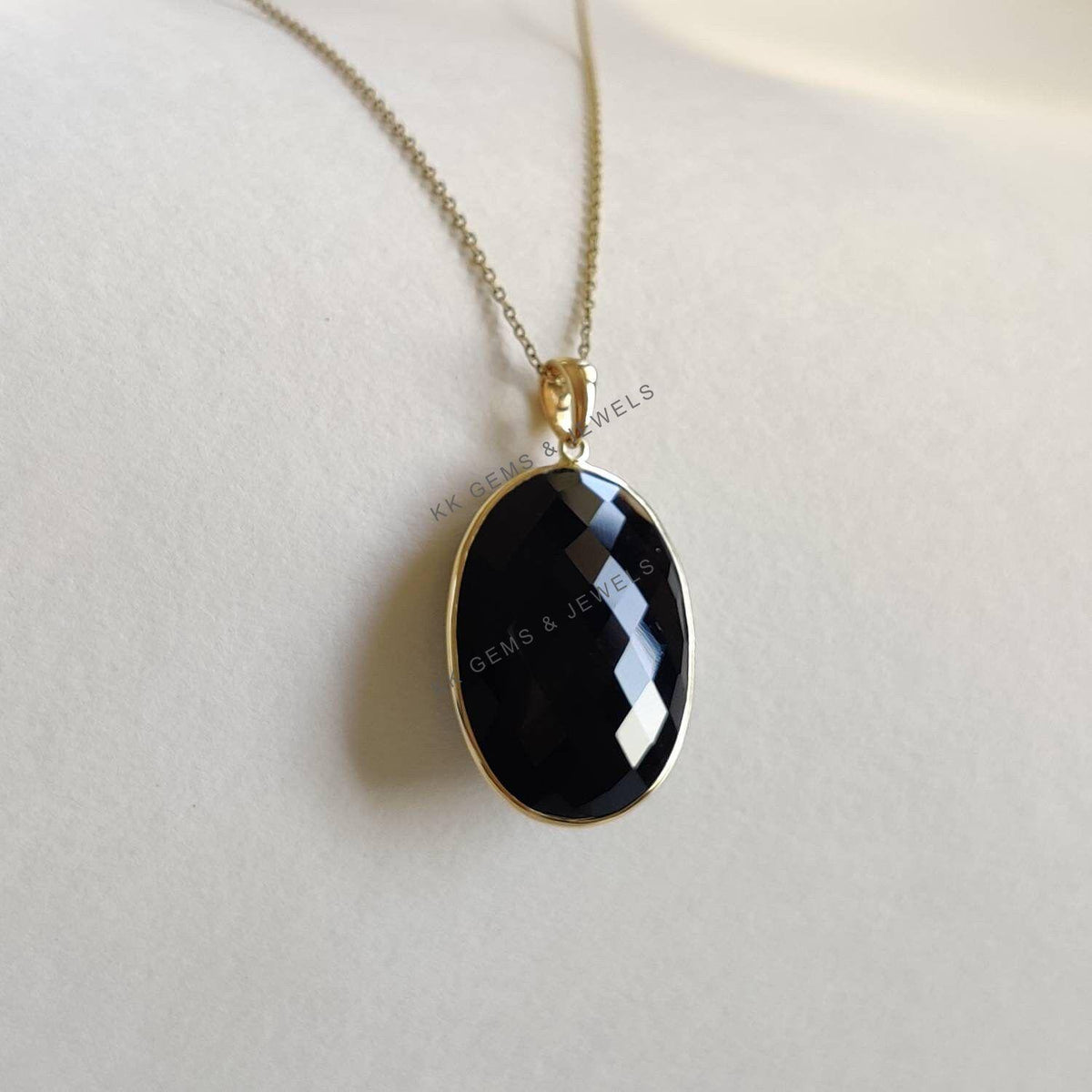 14K Solid Yellow Gold Natural Black Onyx Pendant, Oval Bezel Setting