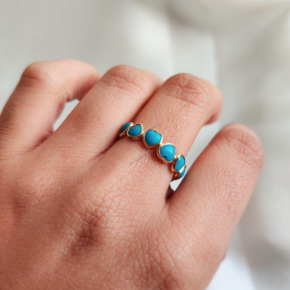 14K Solid Gold Heart Natural Turquoise Ring, Dainty December Birthstone