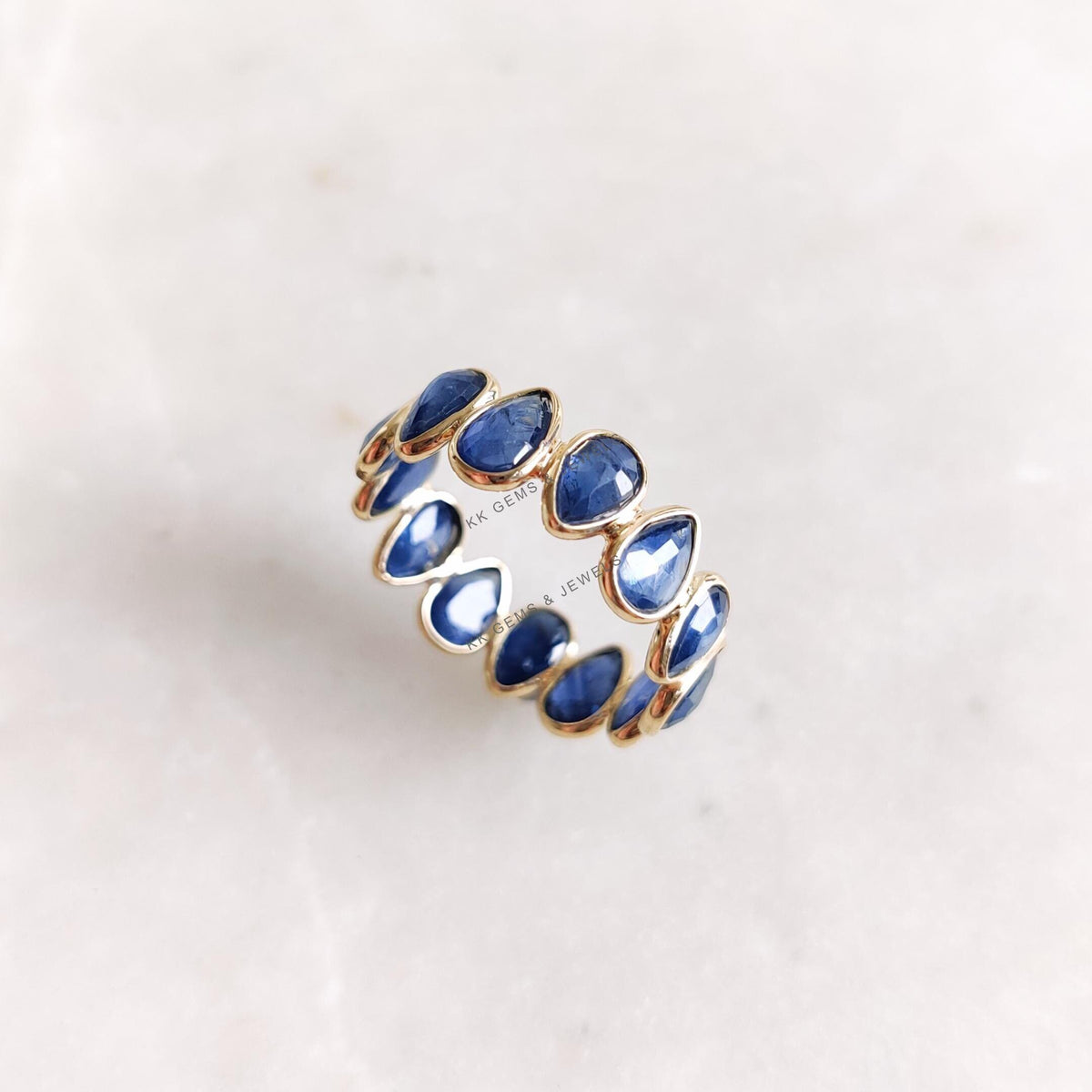 Natural Pear Cut Blue Sapphire Eternity Ring, 14K Solid Yellow Gold, Christmas Gift