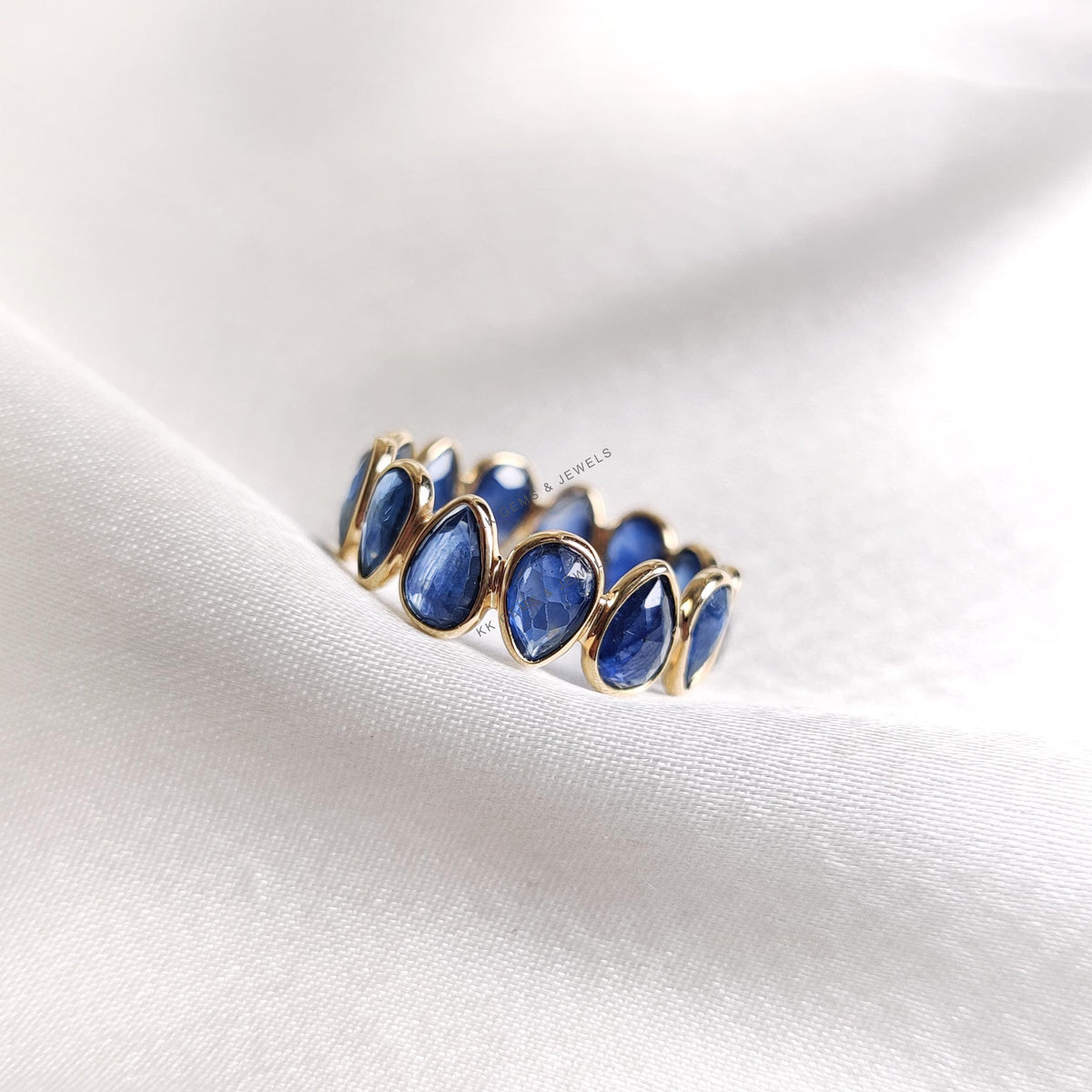Natural Pear Cut Blue Sapphire Eternity Ring, 14K Solid Yellow Gold, Christmas Gift