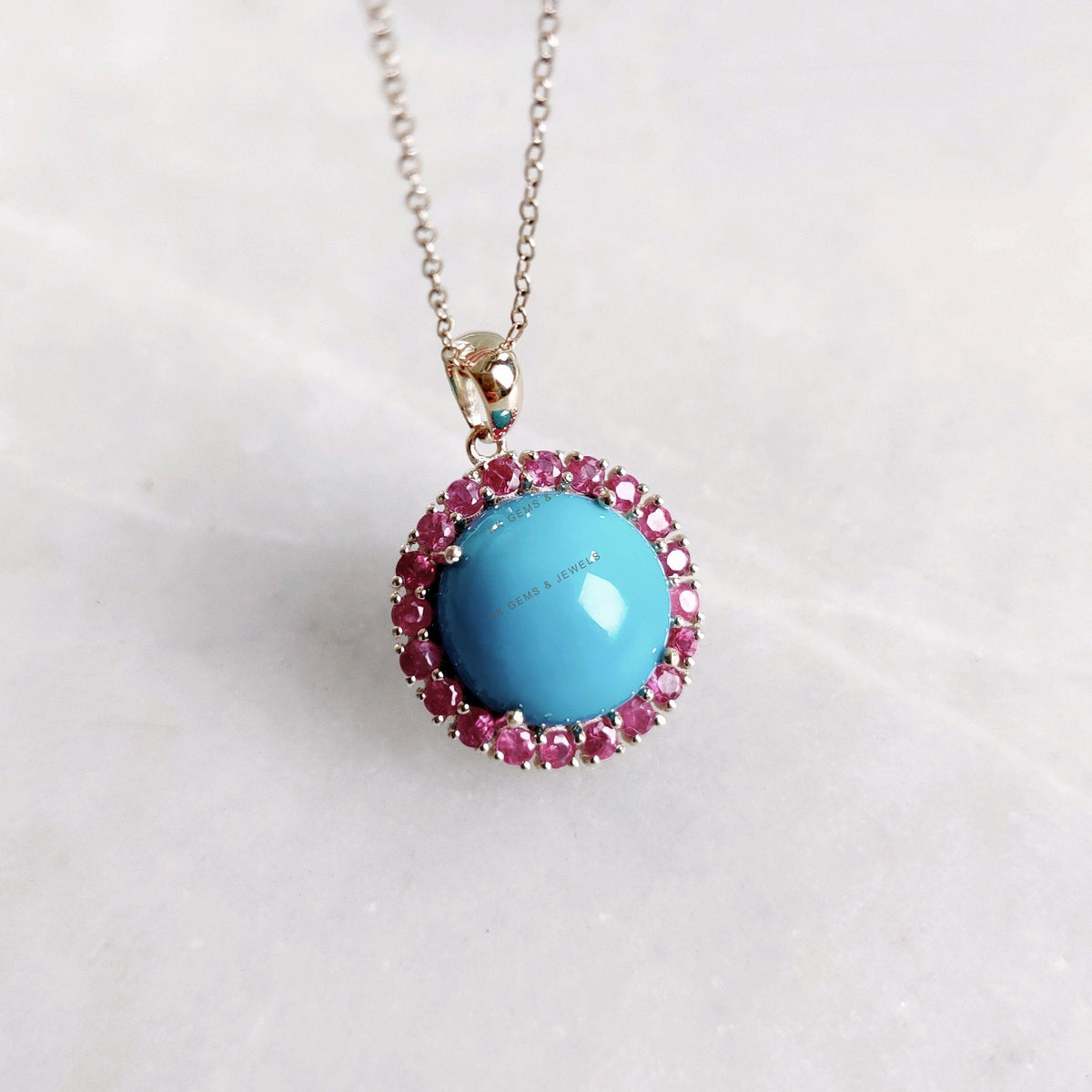 Natural Turquoise & Ruby 14K Solid Gold Halo Pendant, December July Birthstone