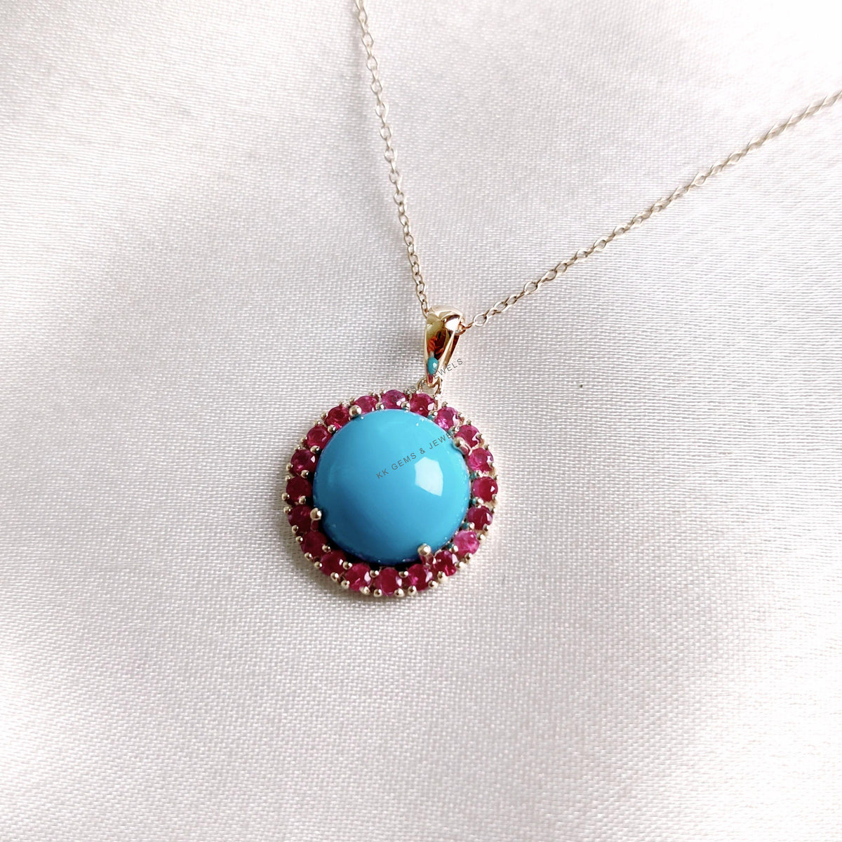 Natural Turquoise & Ruby 14K Solid Gold Halo Pendant, December July Birthstone
