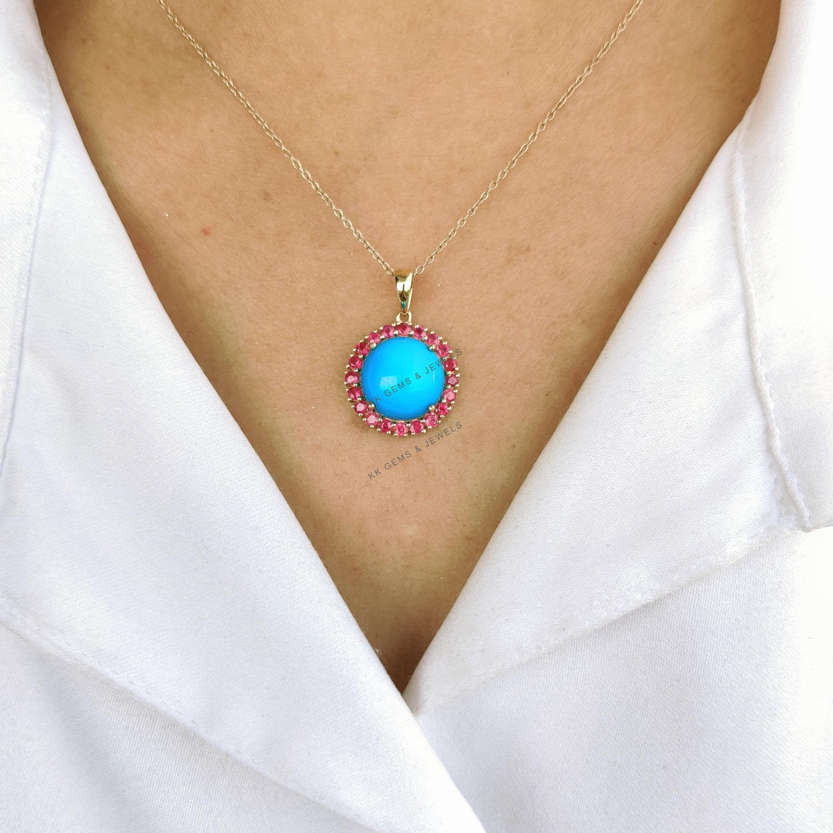 Natural Turquoise & Ruby 14K Solid Gold Halo Pendant, December July Birthstone