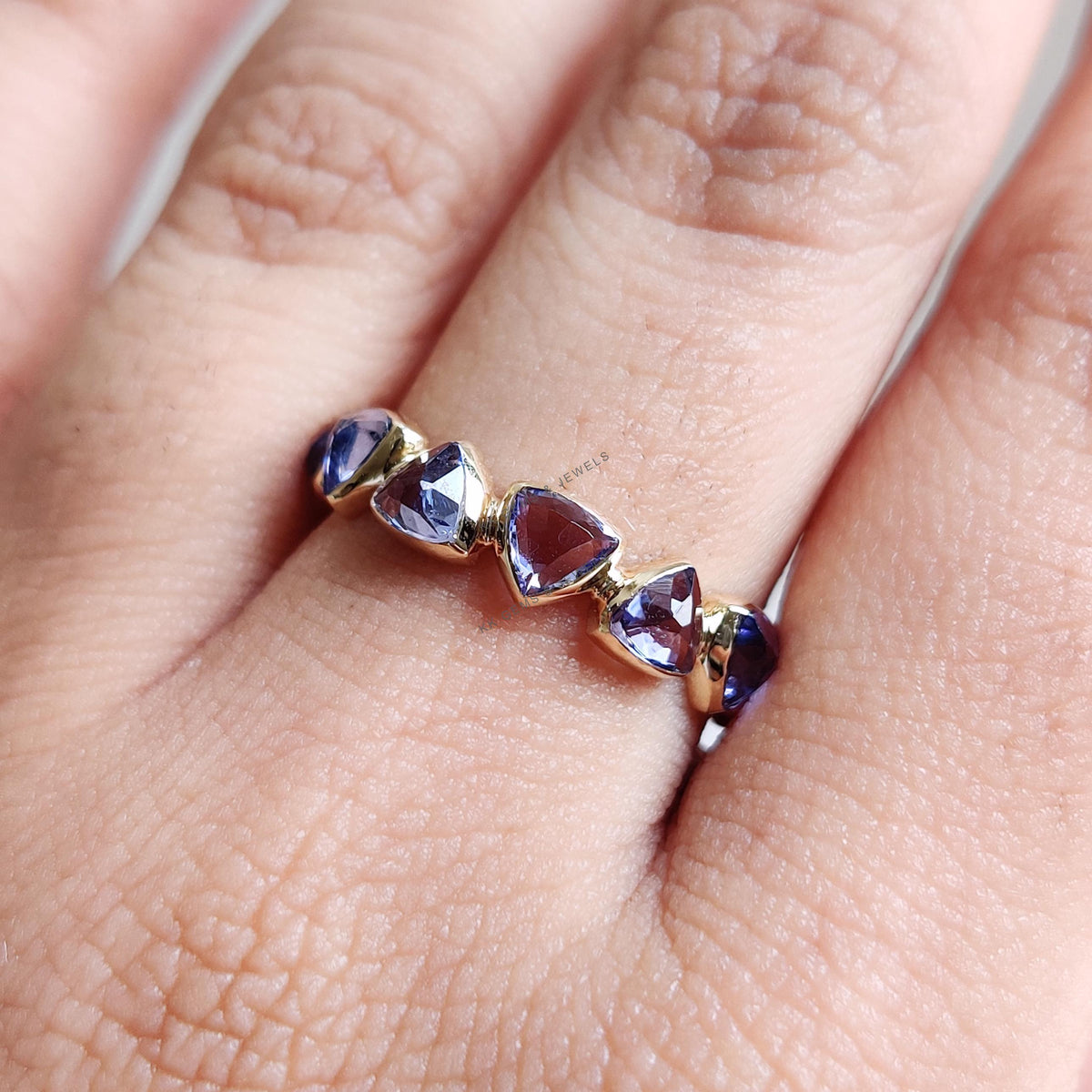 14K Solid Gold Natural Tanzanite Eternity Ring, December Birthstone, Trillion Cut