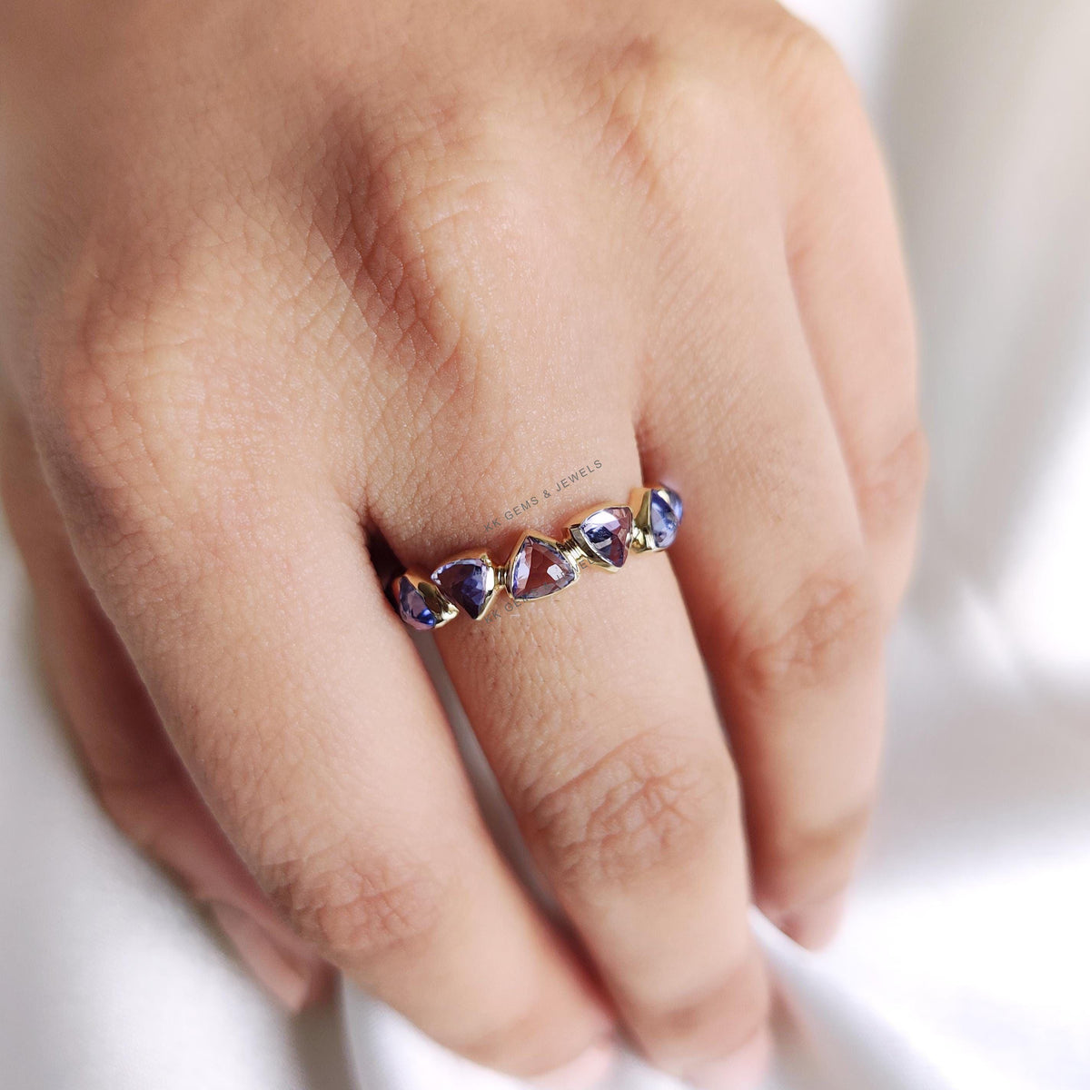 14K Solid Gold Natural Tanzanite Eternity Ring, December Birthstone, Trillion Cut