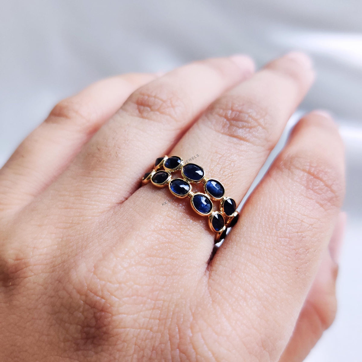 Natural Blue Sapphire Ring, 14K Solid Yellow Gold Stackable Band, September Birthstone