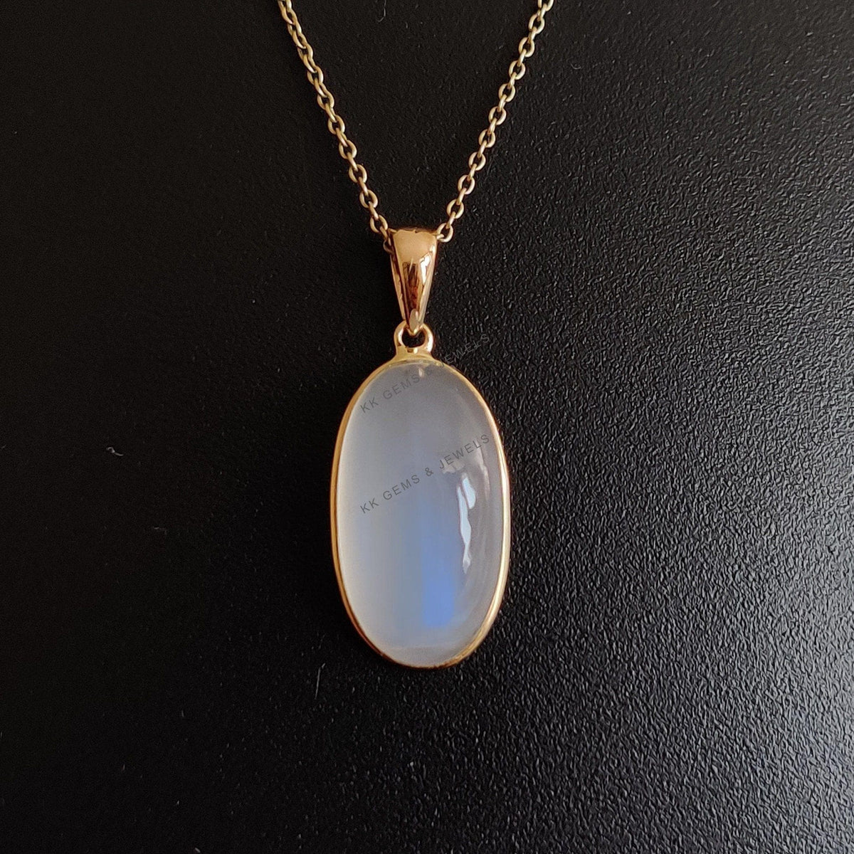 14K Solid Yellow Gold Natural Rainbow Moonstone Oval Pendant , June Birthstone